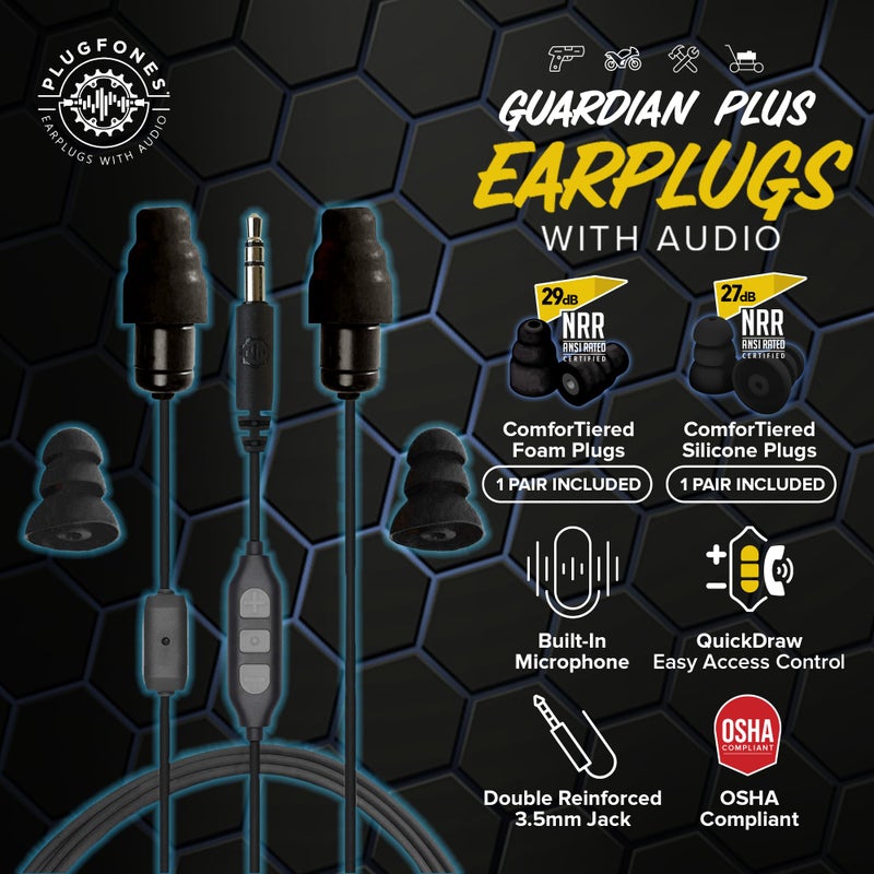 Plugfones Guardian Plus in-Ear Earplug Earbud Hybrid - Noise Reduction in-Ear Headphones with Noise Isolating Mic and Controls (Black) - Image 2